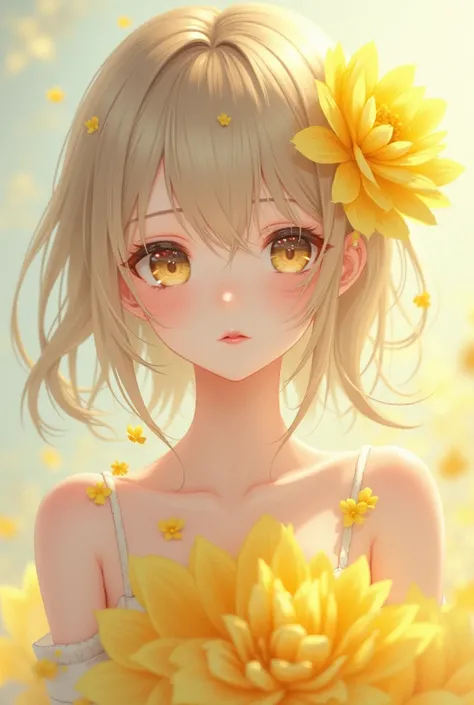 an anime girl has yellow flowers on her chest