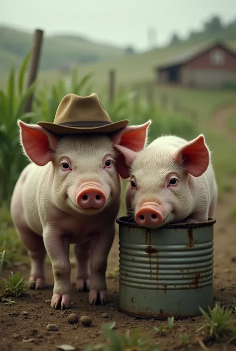 Two sad pigs with hat on the farm and one of them without a hat inside the can