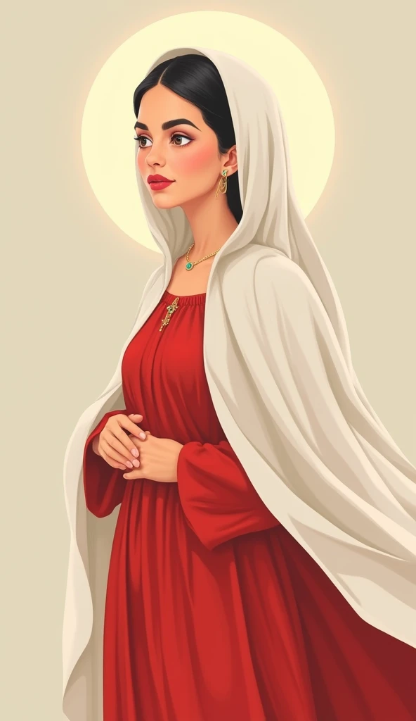 Image of an Arabic woman wearing a red dress and a white veil, Virgin Mary, A dignified saint, portrait of Virgin Mary, Queen of Heaven, Roman Besparkiv, Catholic religious art, Holy and beautiful, Laszlo Balog, Korean Cartoons, Thick outline, Flat Color