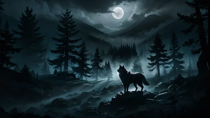 a lone wolf stands on a rocky outcrop, howling at a massive full moon partially covered by dark clouds. thin streaks of moonligh...