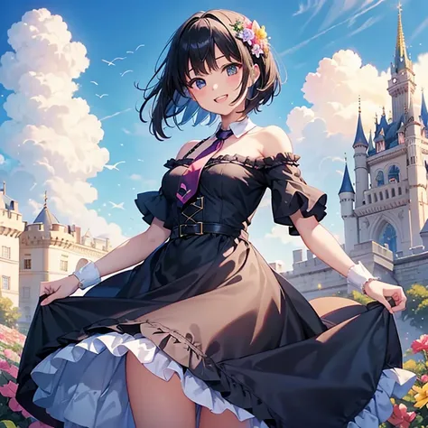 One girl、smile、(Double teeth:1.2),Short black hair、Off the shoulder、Frilled one-piece dress、Big ribbon、Normal necktie、Frilled Garter Ring、Small breasts、In front of a gorgeous European castle with flowers blooming、Sunny blue sky panchira、Dynamic Angle