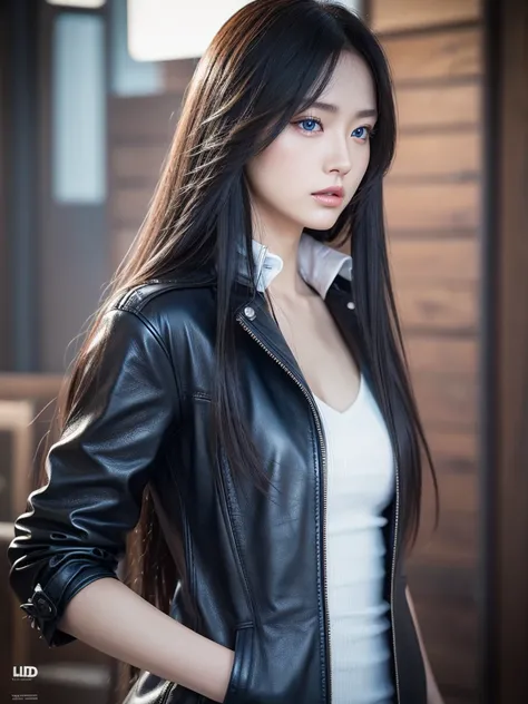 Asian girl from South Korea, Blue eyes, long hair, abundant hair, black hair, slim, beautiful, rockstar, textured leather, UHD, very detailed, quality, Details altos, HD model, Detail, The best quality, Awarded many times, anatomically correct, necessary, ...