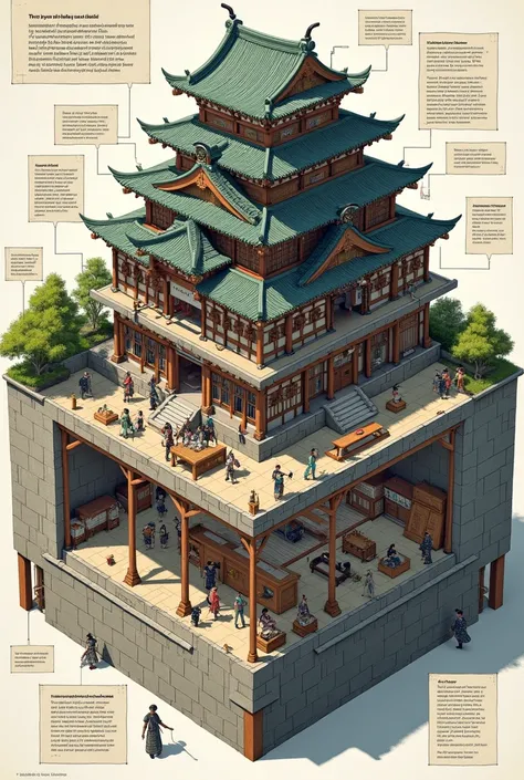 Cross-section of a Japanese castle,You can see inside,Speech bubbles and text describing each room,People who live々,hidden passage,Shooting window,stone dropping hole,monitoring station,castle tower,kitchen,bedroom,Hidden Room,arsenal,