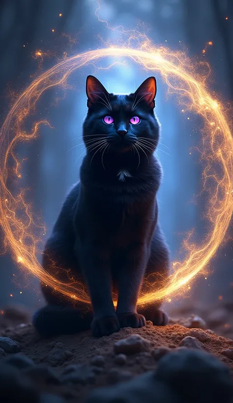 Cat Circle　perple Eyes　black cat　Real　Gold and blue light of spiritual power