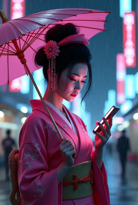 Illuminated futuristic woman, body front, holding an umbrella at night, raining,  looking at the cell phone,  city , front view, bust and face  , pink kimono geisha