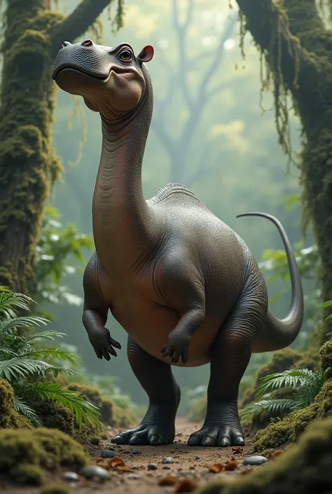 Create a pygmy hippopotamus cosplaying as a Brontosaurus dinosaur. It is a realistic image.