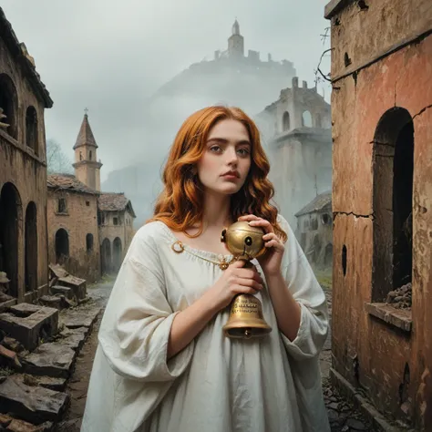 a very pale skinned european woman, covered by a white shroud with gold jewelry, she holds a golden bell in her hand , long dark...