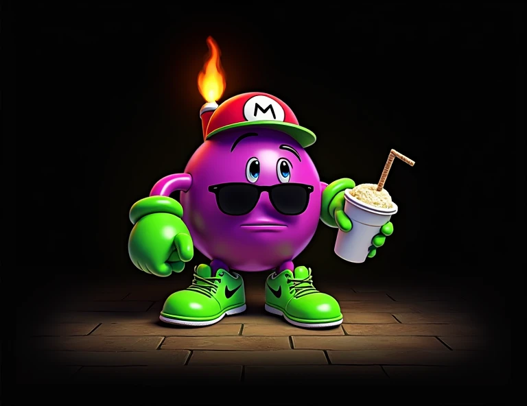 Bob-omb in a very circular shape, cap, with the fuse on fire in the head, with dark sunglasses, with green Nike tennis shoes, Drinking a slush cocktail in a white styrofoam cup, and advertising so that they visit us with the name of an establishment called...