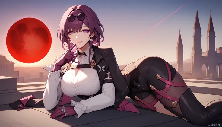 One Girl,Kafka, Purple eyes, Purple Hair, bangs, Side Lock, Please put your glasses on your head, earring, White shirt, Collared shirt, Long sleeve black jacket, Jacket on shoulders, Harness, Large Breasts, Purple gloves, Black shorts, High Waist Shorts, P...