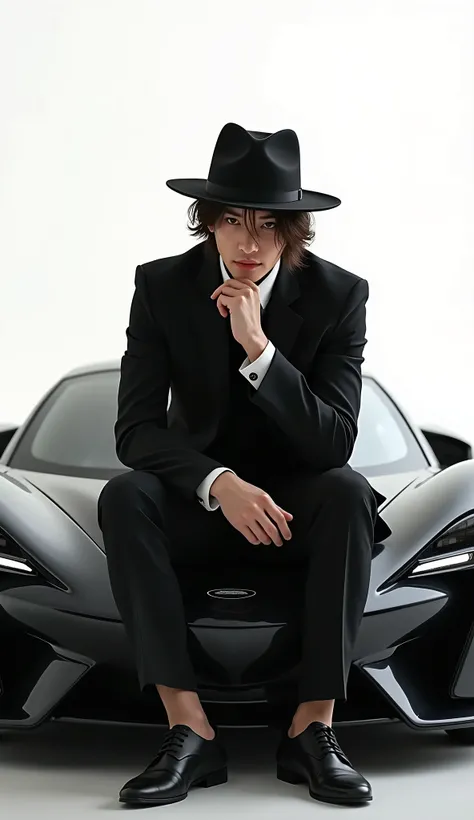 live-action、Real、A beautiful slender Japanese man wearing a black three-piece suit、Wear a black fedora hat at an angle、Brown Hair、Wavy Hair、Droopy eyes、Dynamic pose、He sits on the hood of a futuristic sports car and rests his chin on his hands.、White backg...