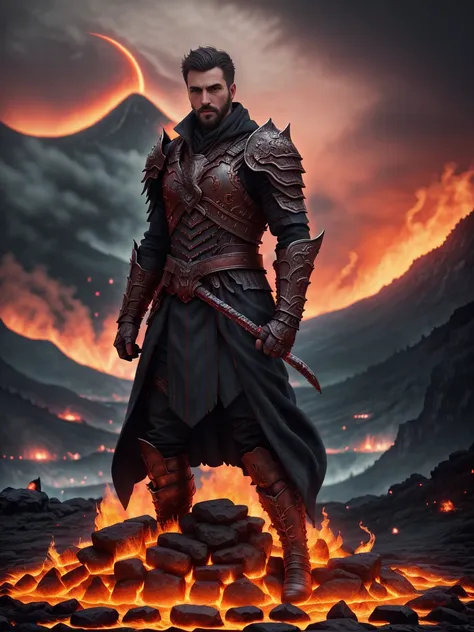 1man, A shot of a charismatic male fitness model, 30 years old，small beard, Sexy and charming expression，gloomy eyes，Blue eyes, captured in a castle, emb3r4rmor, wearing a embers spartan armor, dynamic pose,  Background with fire around mountains and red s...