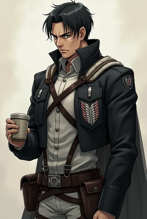 person in levi ackerman outfit holding a cup