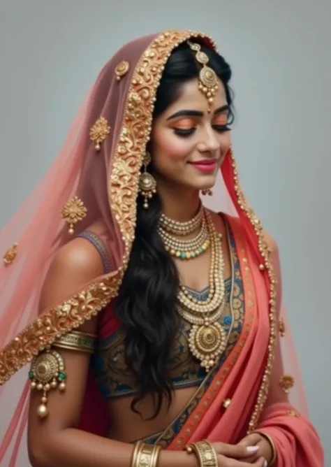 Attire: A richly adorned sari or lehenga, often in shades of blue, pink, or red.
Jewelry: Elaborate jewelry, including a crown, earrings, necklaces, and bangles.
Expression: A serene and loving expression, reflecting her divine nature and deep connection w...