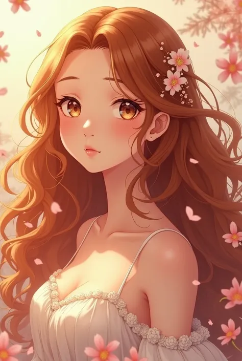 Anime girl long curly hair, copper colored hair or copper blonde, light brown eyes and rosy cheeks beautiful face. With a very nice background