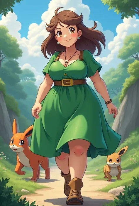 Fat Woman, Pokémon trainer, rpg, Chubby, Brown eyes and hair, with Green dress , with no hat