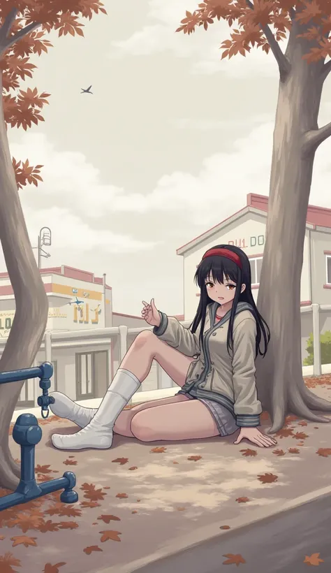 One girl、Sepia shoes,Alone,Sitting,null,cloud,Outdoor,Black Hair,bird,上方fromの眺め,blue null,White socks,Daytime,Sepia-toned jacket,building,Long sleeve,leaf,Long Hair,stage,red Headband,Pump rope,Headband,bangs,cloudy null,from_Down,wide_shot,