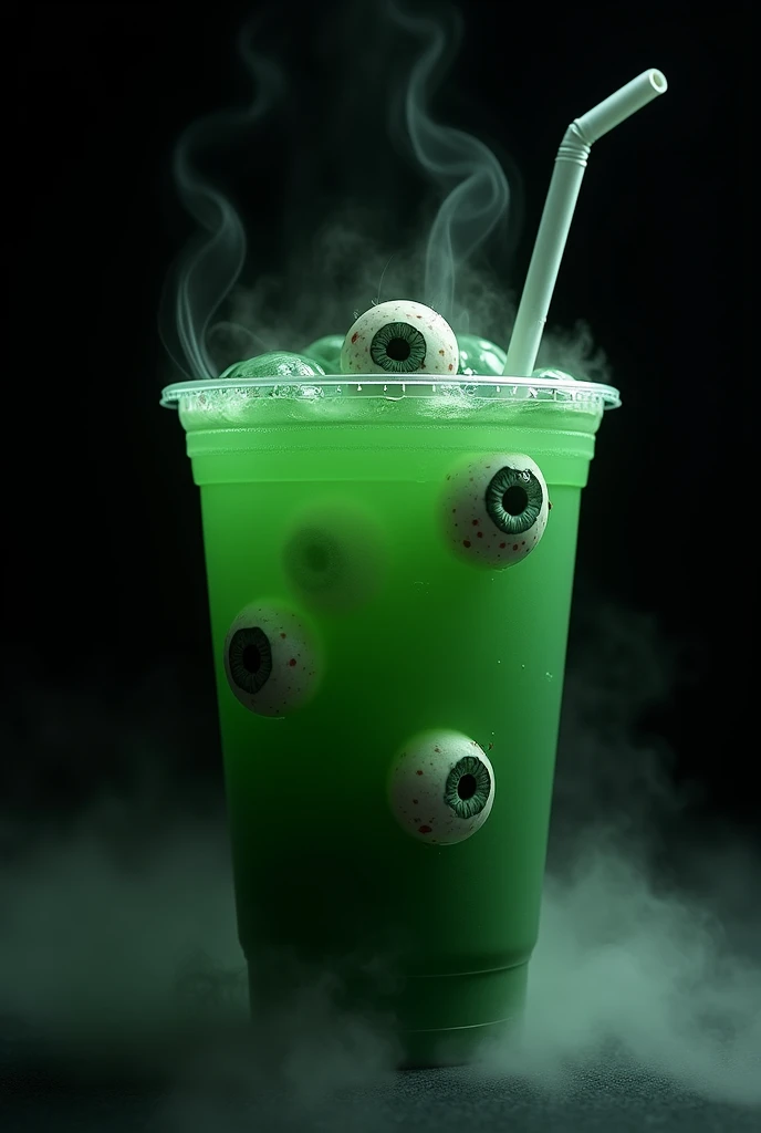 Green colored drink with lots of ice and with three human eyes floating inside and a straw in a plastic cup on a black background with smoke coming out 