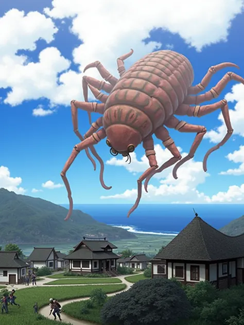 Giant crustacean monster appears in rural Japanese village。（Many cord-like tentacles hang down.）The villagers flee、