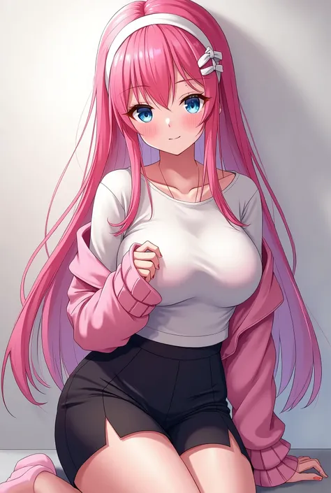 Name: Arina lessona
Age: 19
Look: blue eyes, pink hair, big thighs and breast, sexy, wear a pink panties, look expressionless, black skirt and t-shirts and pink sweater, Using a headband, and a white ribbon, having a little mole on her cheek anime art styl...