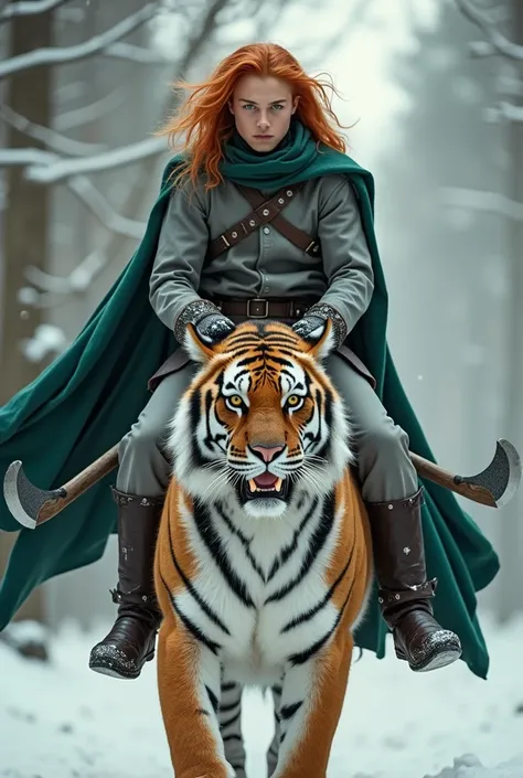 young man, com cabelos orange longos, with water green eyes, light gray leather uniform, high, muscular, with dark green cover, holding two axes, in a forest snowing during the day, mounted on tiger, eyes, orange, de olhos orange ao lado 