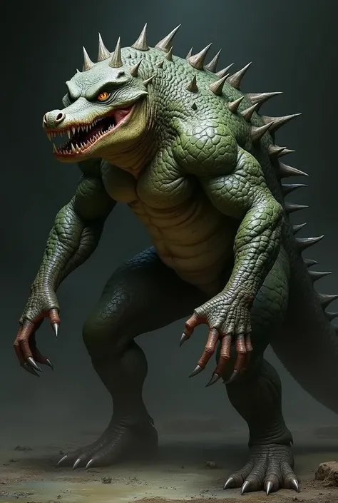 imagine a combo creature witch is crocodile and human but it  face will be human face and his full body will be a aggressive crocodile 