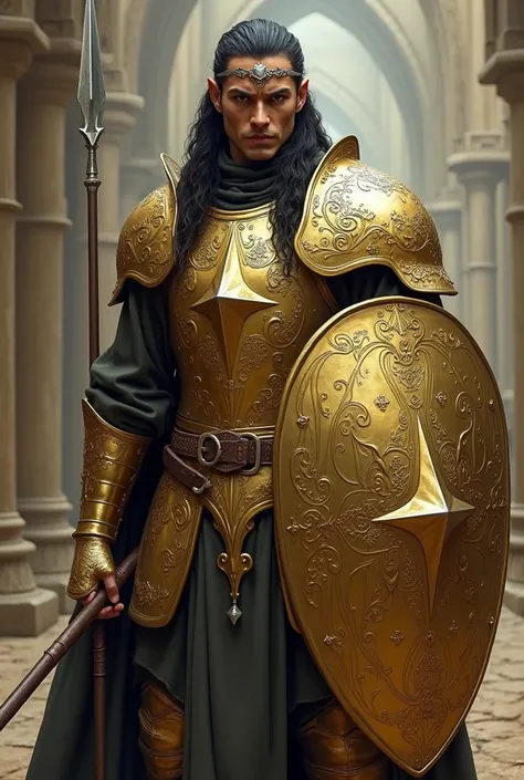 full-body concept art of an elven warrior-king wearing gleaming plate armor with intricate golden ornament and an intricate silver circlet, long black hair with braids, shaved, wielding large norman shield with a silver star and a spear, intense exression,...