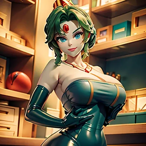 (masterpiece,best quality,ultra-delicate,Perfect Face,16k,high resolution,very beautiful woman), deep green hair,the hair in the back is very short:1.5,blue latex bodycon dress, long latex gloves, light green tights:1.3, large breasts, large red ball and t...