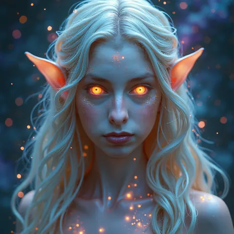 "A hyper-realistic and captivating portrait of a mystical, otherworldly being with luminous, ethereal features. The being has deep, glowing eyes that radiate an otherworldly light, surrounded by intricate patterns of shimmering light and shadow on its skin...