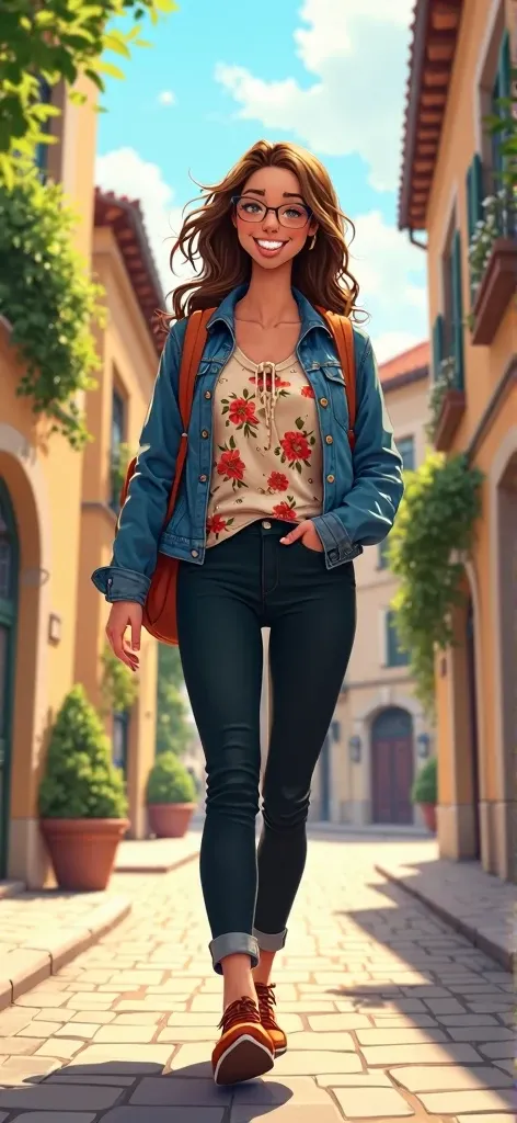 illustration of an adorable woman with wavy hair brown hair, dark-framed glasses, small dark eyes, and a straight, prominent nose.  
She have wide hips and is wearing a floral shirt, denim jacket, black pants, and a backpack as she walks through a charming...