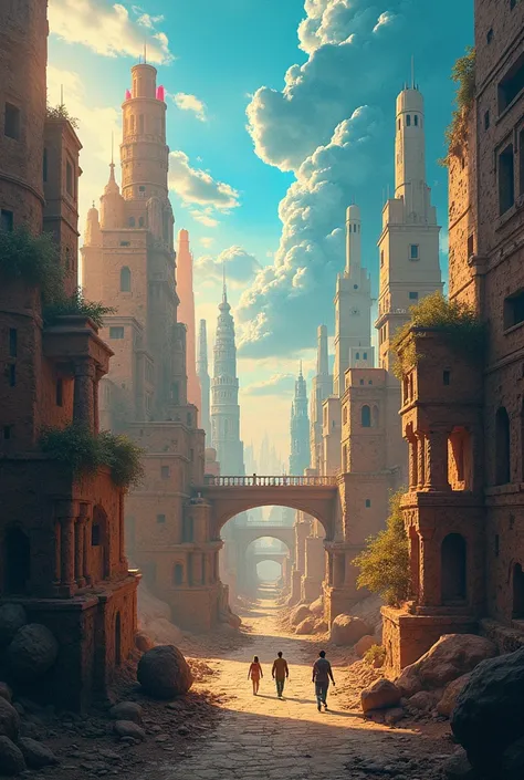 Theme: Imagine blending futuristic elements with ancient architecture. You can create a piece where a modern, tech-driven city gradually evolves from a historic, traditional landscape, symbolizing the intersection of past, present, and future.
Ancient Foun...