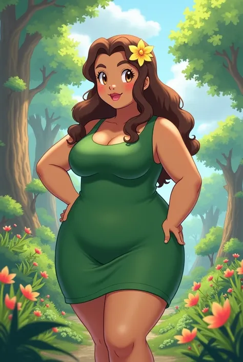 Fat Woman, Pokémon trainer, rpg, Chubby, Brown eyes and hair, with Green dress , with flower in her Head, tanned skin, cute
