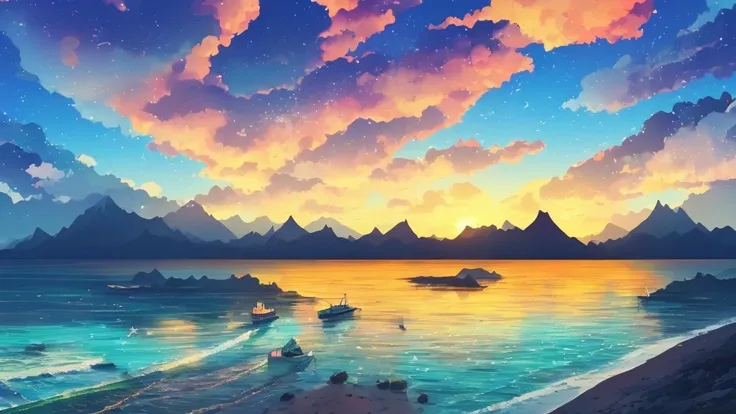 /imagine prompt: Viral anime nature wallpaper in 4K quality, in the style of photography with a 35mm lens inspired by Keiichi Hara, capturing a serene beach at twilight with gentle waves, a sky transitioning from orange to deep blue, and a silhouette of di...