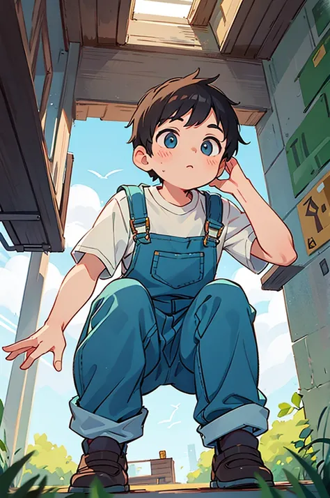 A  boy wearing overalls and a squat, viewed from below