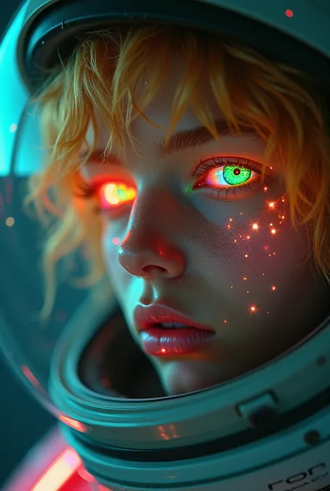 Close-up of an improved masterpiece:1.5)0.9], (Space and astronauts:1.2) (Messy golden hair:1.1) (heterochromia: xanthochromia and green eyes:1.2) (Space helmet:1.0) (Colourful stars in the eyes:1.0) (A radiant glow:1.1) (thick lips:0.9)