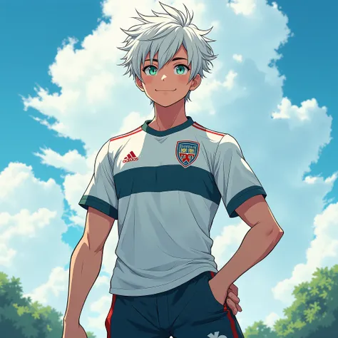 anime boy , cute, muscle, soccer uniform , white hair, aquamarine eyes, smille