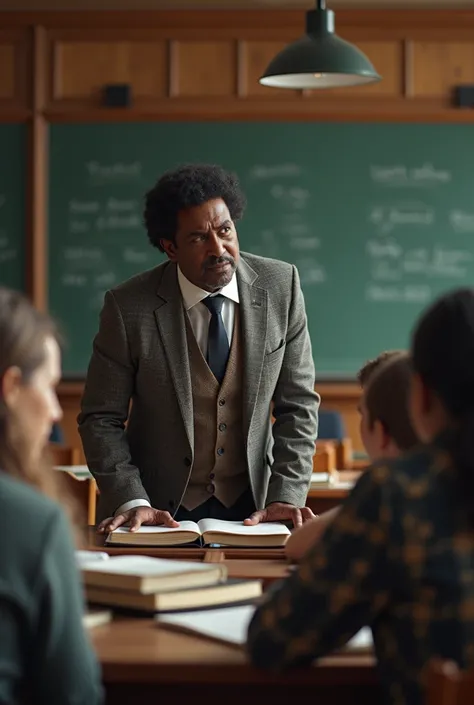 Black haired man with a dark skin at the university and a teacher teaching several older students 