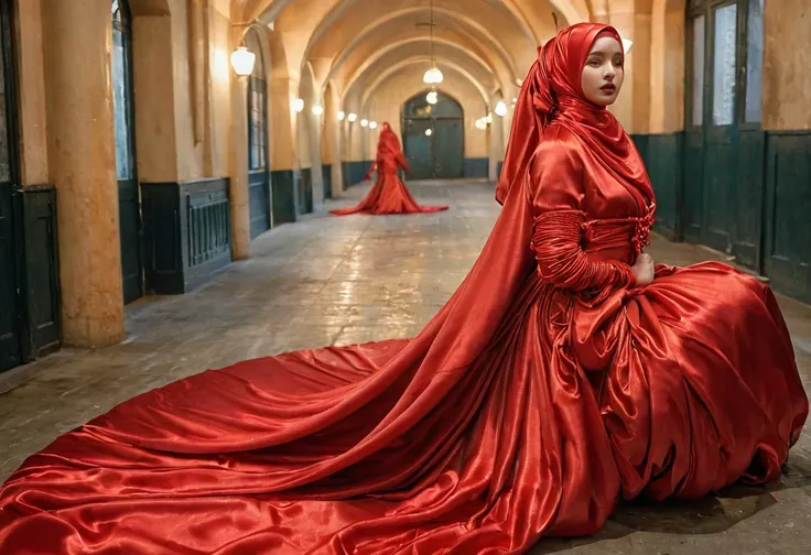 a woman shrouded in a 9-meter-long, plush red satin cloth, tightly bound and grandly draping along the form of her body, flowing...