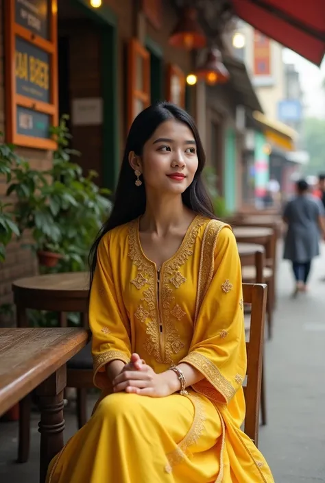 Yellow churidar girl waiting local tea shop 
for boy friend 