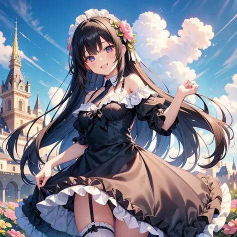 One girl、smile、(tooth:1.1),Long black hair、Off the shoulder、Light pink frilled one-piece dress、Big ribbon、(Black regular tie)、Frilled Garter Ring、Small breasts、In front of a gorgeous European castle with flowers blooming、Clear blue sky、(look back)、Panty sh...