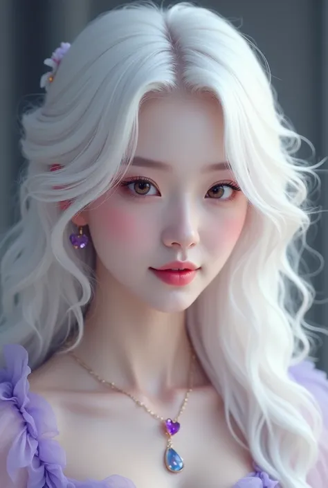 Pretty, Albino Asian lady, K-pop Idol, long fully white wavy hair, amber eyes, lilac dress, downturned moonlid eyes, white eyelashes, heart-shaped amethyst necklace and earrings, small face, pink small heart shaped lips. Pale skin. Realistic 