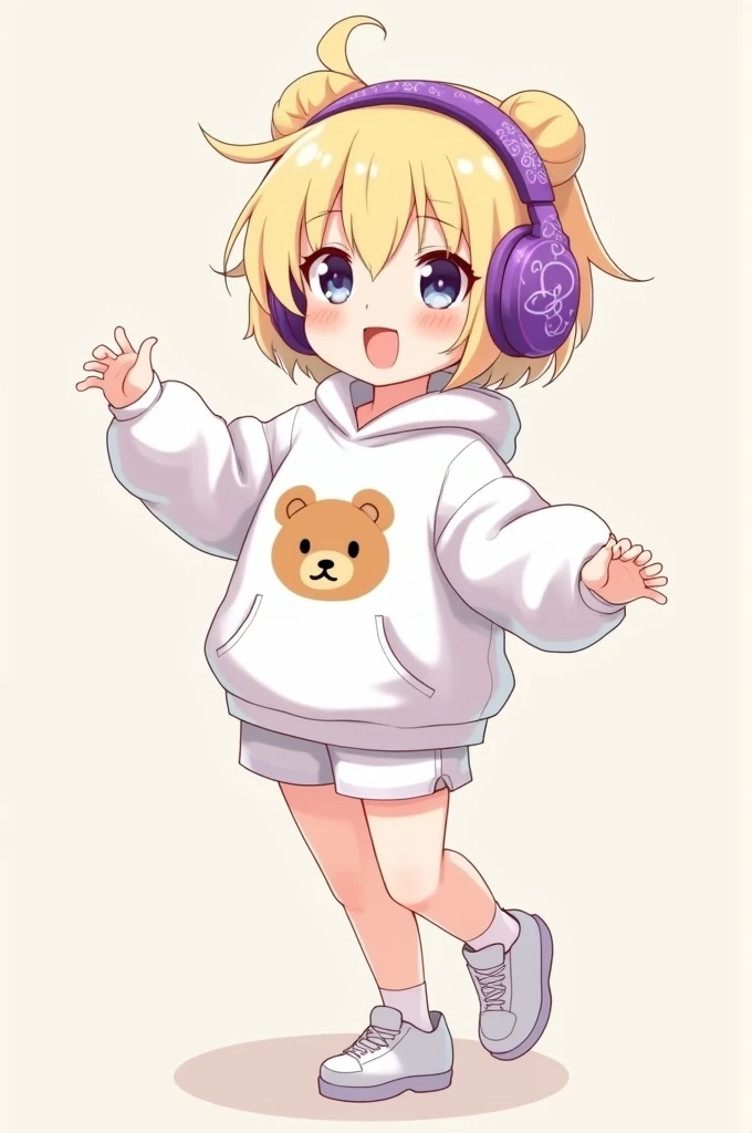 Create a white-skinned anime character with short blonde hair, purple headphones, a white sweatshirt with a brown teddy bear in the middle, white shorts, and white shoes.