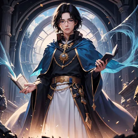 ultra detailed, beautiful and aesthetic, Beautiful, masterpiece , mystery , atmospheric , genial , supernatural , Black hair boy, wearing round glasses , blue eyes , holding a magic book , wearing wizard robes