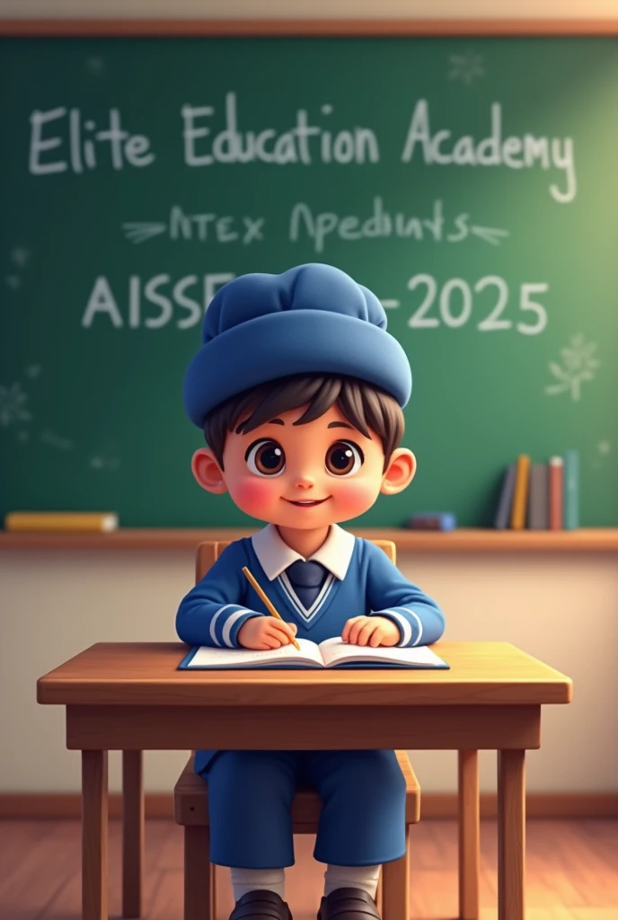 A phadi himachali cute  in school uniform of colour blue having a pahadi himachli  cap studying on study table 
Having a green board behind having Name 
Elite Education Academy 
Write AISSEE - 2025 also on green board 

IS IT A GOOD PROMPT TO GENERATE IMAG...