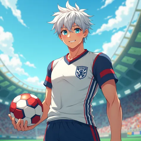 anime boy , cute, muscle, soccer uniform , white hair, aquamarine eyes, smille