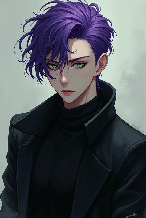 make me fanart,boy, purple hair, black clothes, green eyes