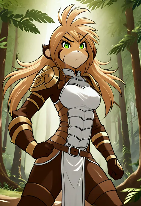 monkey girl fighter blond hair green eyes, monster girl, leather savage armor, monkey female, fighter girl, martial artist, furr...