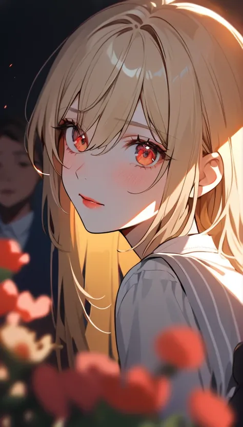 Single, high resolution, Look at the audience, blond, Bangs between eyes, Lips slightly open, Flowering, Background blur, Backlight, Light blush, The whole face turns red, Strong emotions flashing in the eyes, Side of the character, Ah Hey Yan, 