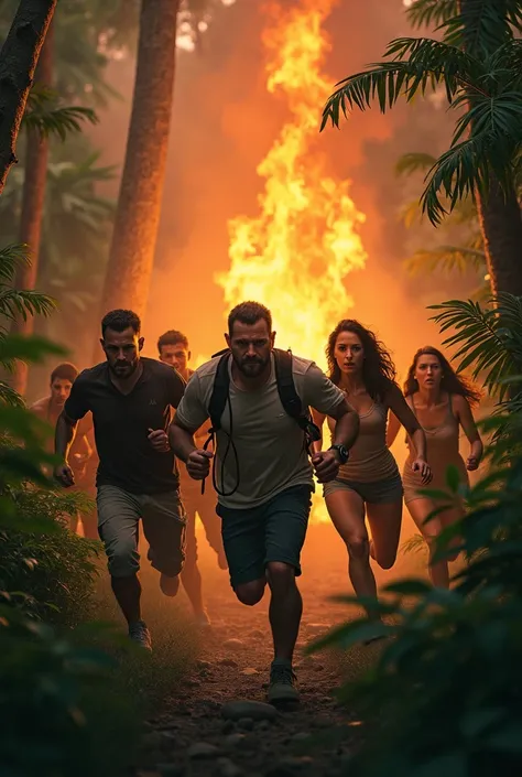 in the middle of the jungle, five men and two women , with casual clothes , running scared, Behind them the fire can be seen burning the trees, the flames behind them