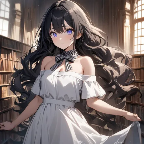 beautiful, masterpiece, Best Quality, anime, 1 girl, Alone, (:1.1),(Young:1.1),View your viewers,(Eyes are golden:1.5),(Long Hair:1.2),(Black Hair:1.5), Wavy Hair,Twin tails Strong wind,The background is the library,(Dragon Man:1.2),(Off-the-shoulder white...