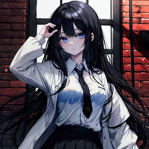 (Masterpiece) (Anime Girl, 1girl) (Detailed Eye) She has a Pale And Flawless Skin, She has a Long Black Hair, Blue-ish Eyes, For her outfit she wear a School Uniform which a White Shirt,Dark Blue Tie, School Cloak, a Black Short Skirt 